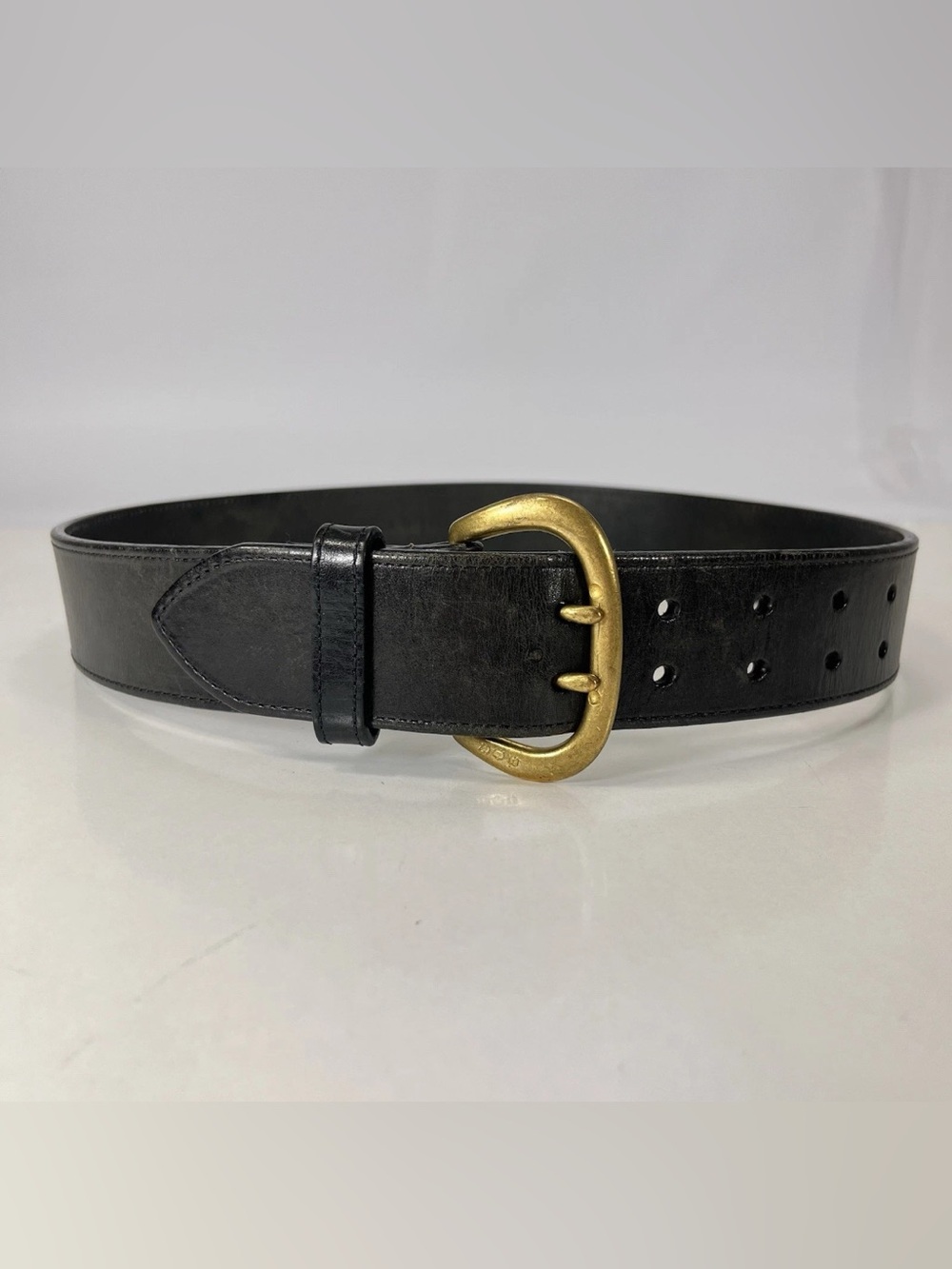 Ralph Lauren RL67 Vintage Black Leather Belt Double-Prong Brass Hardware